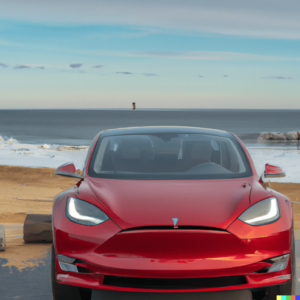 A picture of the red color tesla model 3 near the beach
